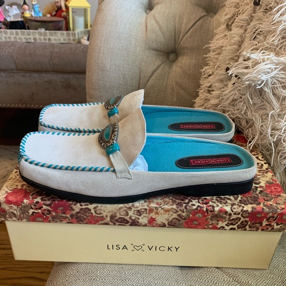 Turquoise and cream suede mules! - Picture 5 of 5
